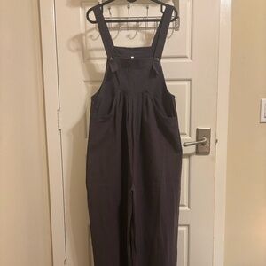 Linen Blend Wide-Leg Overalls – Charcoal Gray, Relaxed Fit